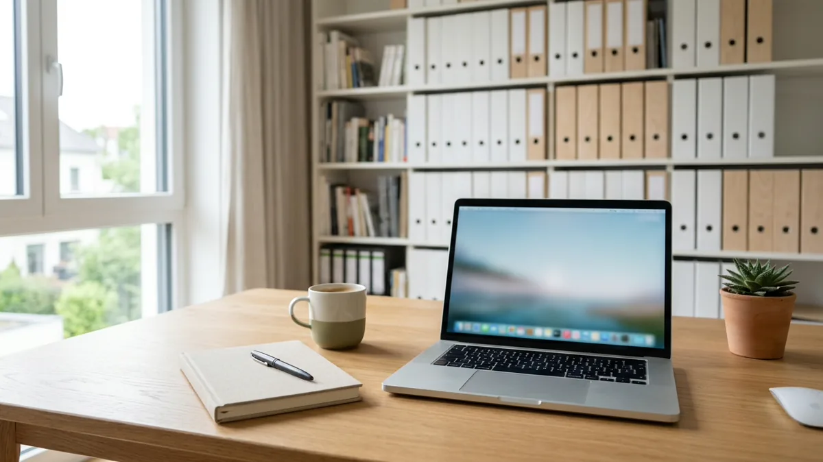 Aufgeräumter Schreibtisch mit Notizbuch und Laptop in einem Büro
